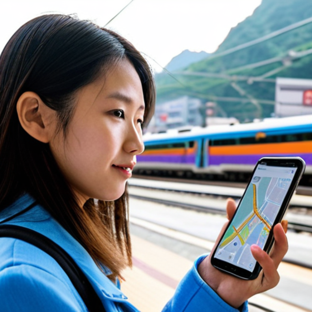 **Prompt:** A confident female traveler, immersed in the vibrant cityscape of Taipei, effortlessly navigating with her smartphone. She is holding the phone, which displays a map application (like Google Maps) or an eSIM activation screen, suggesting seamless connectivity. In the background, iconic elements of Taiwan's modern infrastructure such as a high-speed rail station, a sleek MRT train, or a bustling, clean street with modern buildings are visible. The scene should convey a sense of freedom and ease, representing technology as her "digital passport." The lighting is bright and urban, capturing the energetic atmosphere.