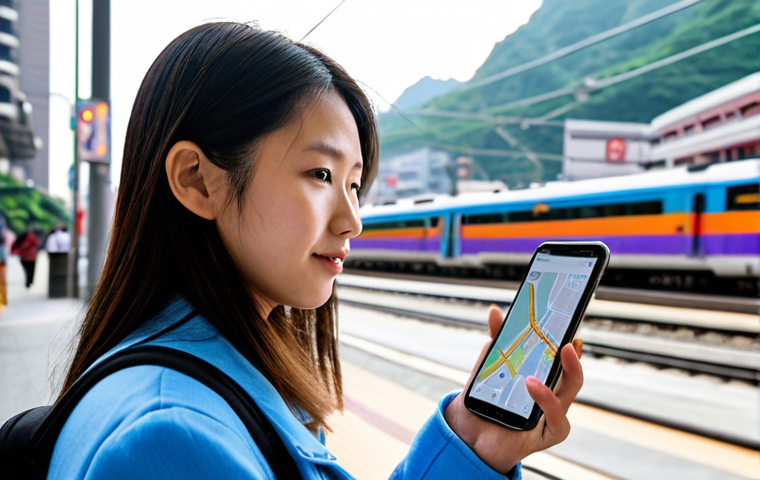 **Prompt:** A confident female traveler, immersed in the vibrant cityscape of Taipei, effortlessly navigating with her smartphone. She is holding the phone, which displays a map application (like Google Maps) or an eSIM activation screen, suggesting seamless connectivity. In the background, iconic elements of Taiwan's modern infrastructure such as a high-speed rail station, a sleek MRT train, or a bustling, clean street with modern buildings are visible. The scene should convey a sense of freedom and ease, representing technology as her "digital passport." The lighting is bright and urban, capturing the energetic atmosphere.