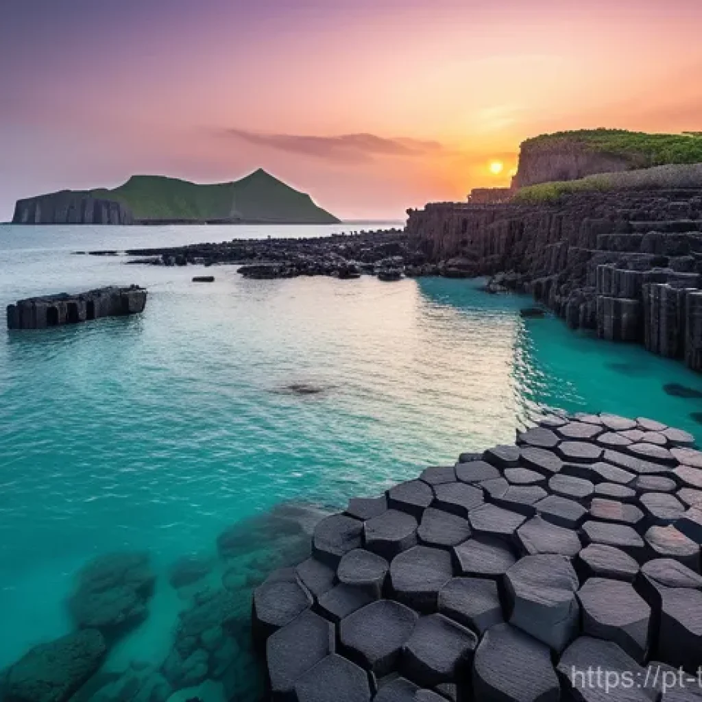 대만의 섬 관광지 펑후 - A stunning, wide-angle shot of the iconic hexagonal basalt columns on Tongpan Island, Penghu, dramat...