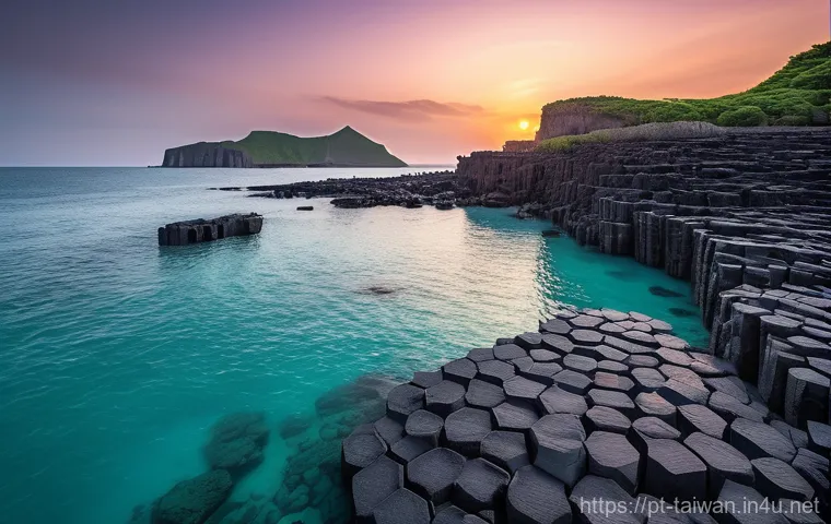 대만의 섬 관광지 펑후 - A stunning, wide-angle shot of the iconic hexagonal basalt columns on Tongpan Island, Penghu, dramat...