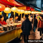 Home 22 대만과 한국 문화 비교 - A serene street scene in Taipei showing orderly queues at a night market, with diverse Taiwanese peo...