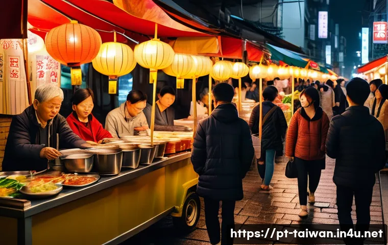 대만과 한국 문화 비교 - A serene street scene in Taipei showing orderly queues at a night market, with diverse Taiwanese peo...