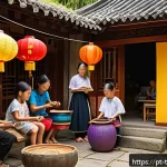 Home 19 대만 민속촌 방문기 - A vibrant scene in a traditional Taiwanese folk village during a cultural festival, featuring artisa...