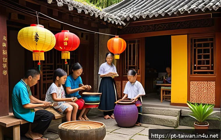 대만 민속촌 방문기 - A vibrant scene in a traditional Taiwanese folk village during a cultural festival, featuring artisa...